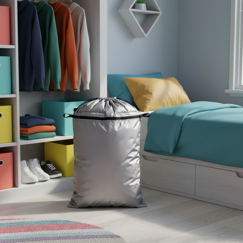 Silver drawstring storage bag in a colorful student dorm room with clothing and accessories