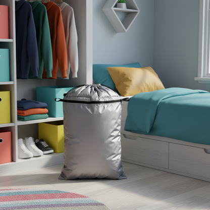 Silver drawstring storage bag in a colorful student dorm room with clothing and accessories