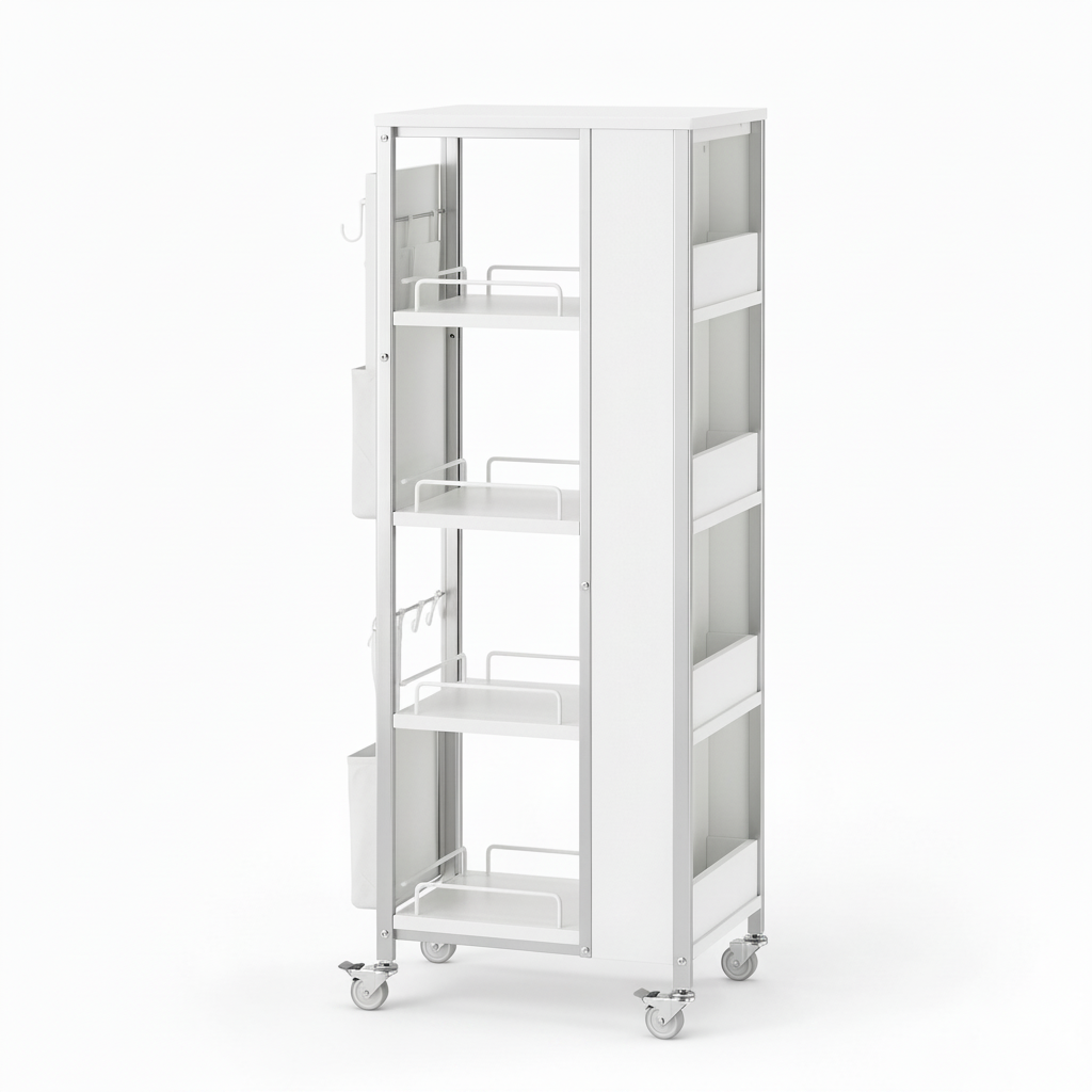 Empty slim white four-tier rolling storage cart on a pure white background
