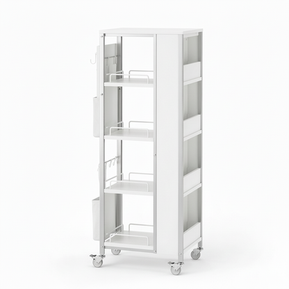 Empty slim white four-tier rolling storage cart on a pure white background