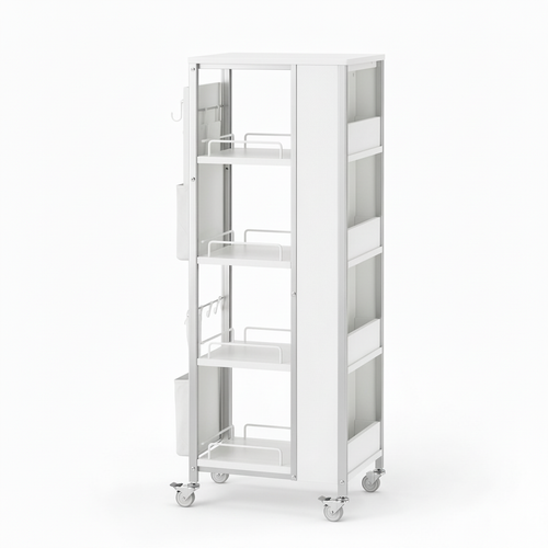 Empty slim white four-tier rolling storage cart on a pure white background