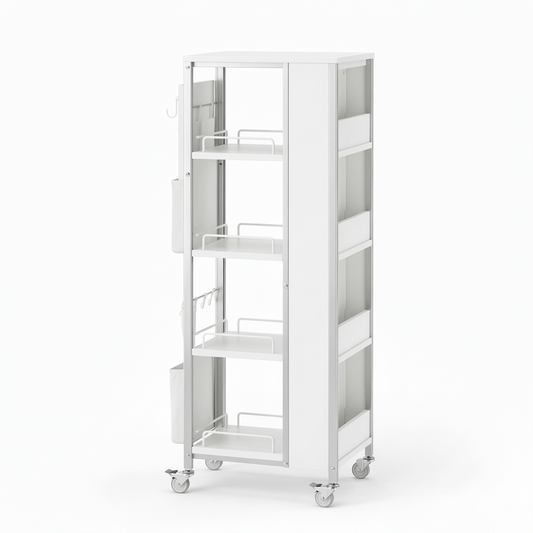Empty slim white four-tier rolling storage cart on a pure white background