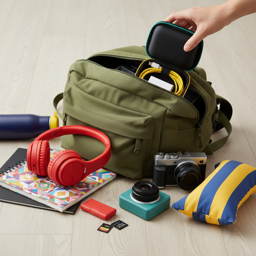 Black electronics organizer case being placed into an open backpack with colorful travel accessories