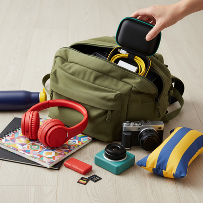 Black electronics organizer case being placed into an open backpack with colorful travel accessories