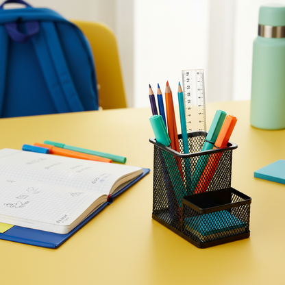 Black mesh desktop organizer holding pencils and highlighters on a colorful study desk