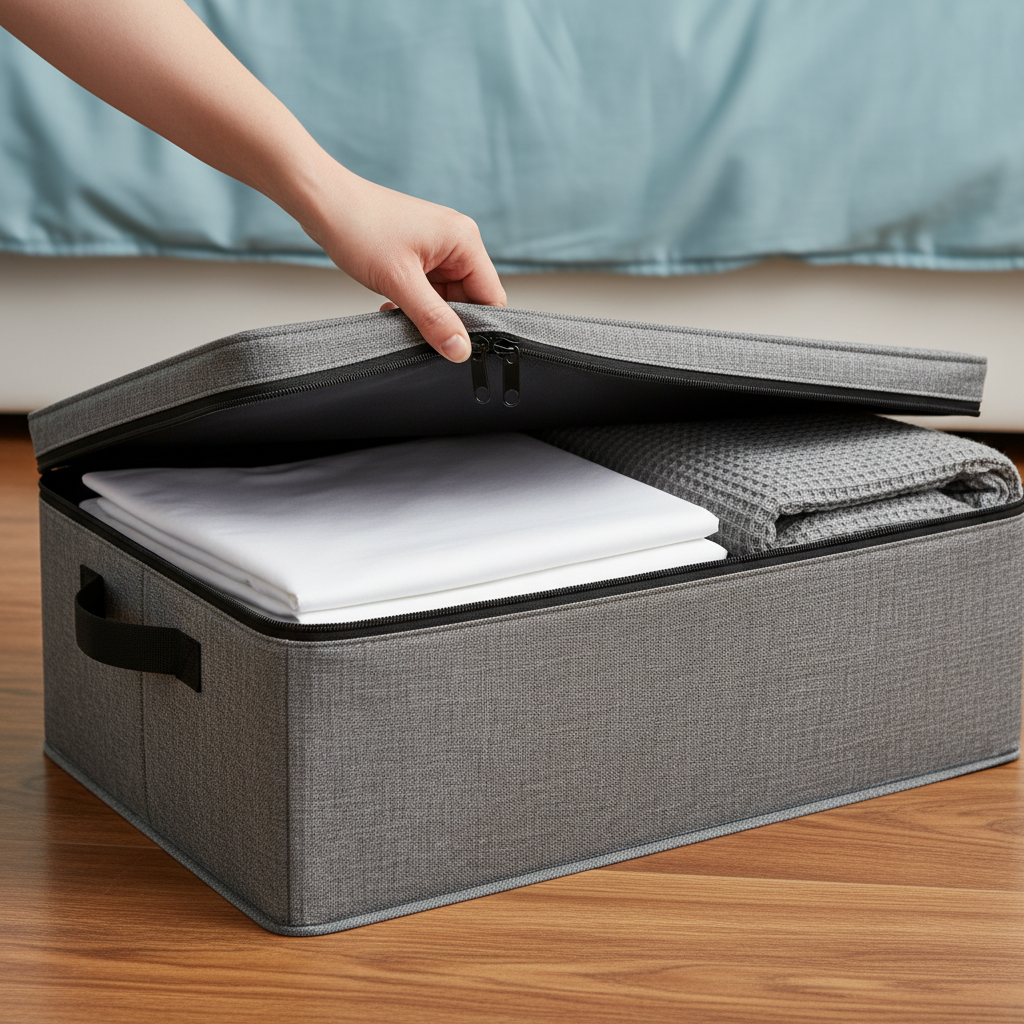 Hand opening the black zipper on a gray fabric under-bed storage organizer