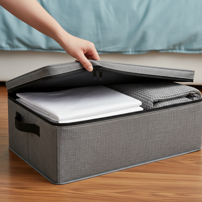 Hand opening the black zipper on a gray fabric under-bed storage organizer