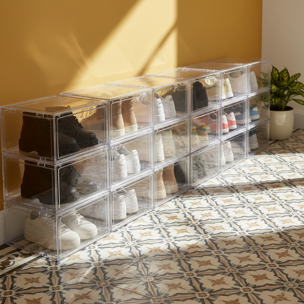 Clear shoe boxes lined along a colorful entryway floor