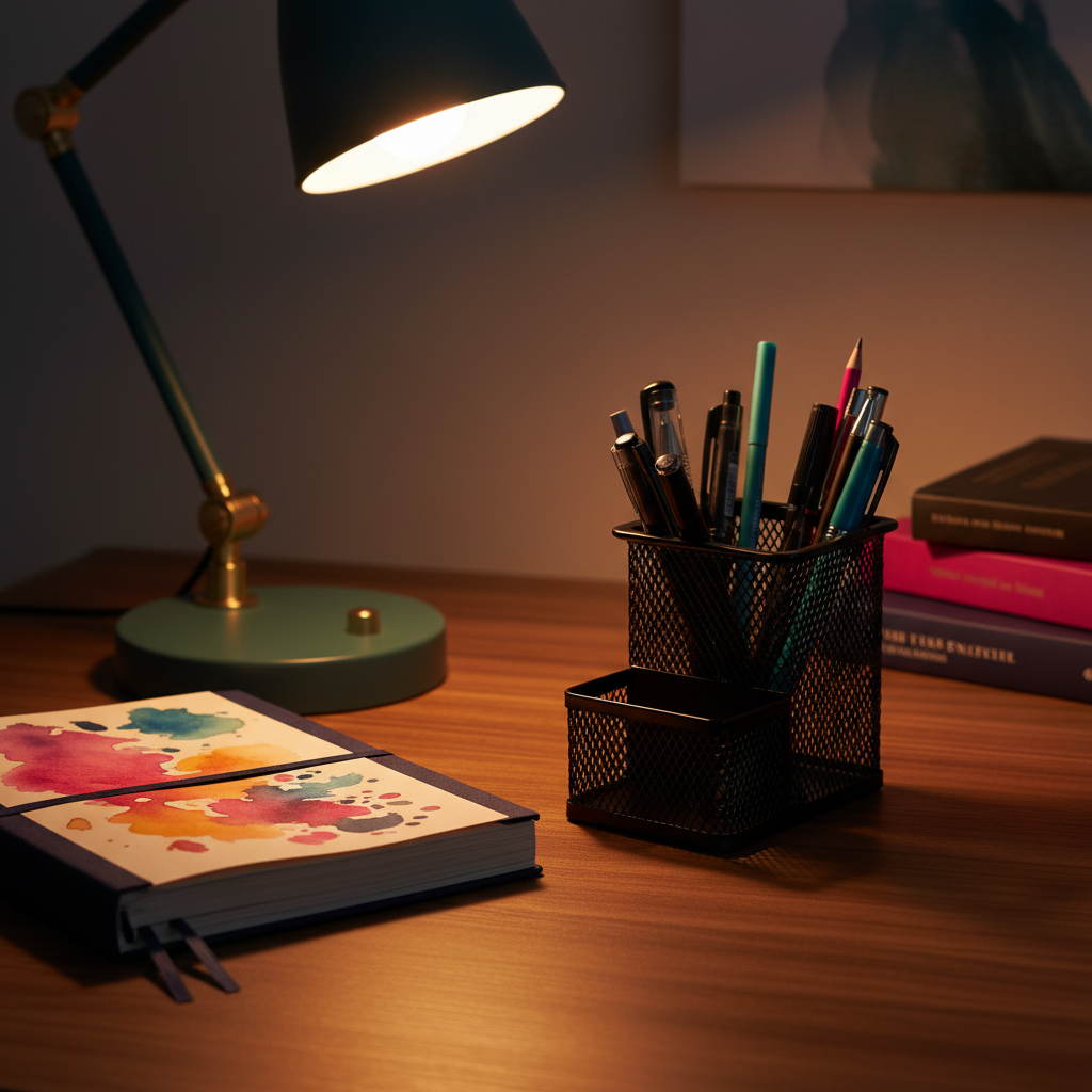 Black mesh desktop organizer beside a sketchbook in a colorful evening workspace