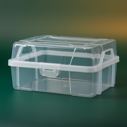 Close-up of the clear storage box walls, rounded corners, fitted lid, side handles and front access