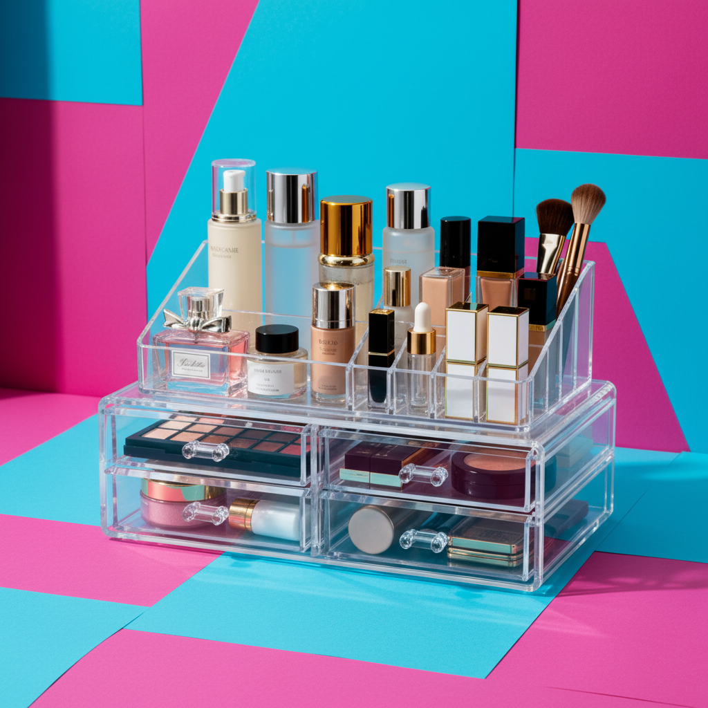 Organizer filled with cosmetics on a bold colorful vanity