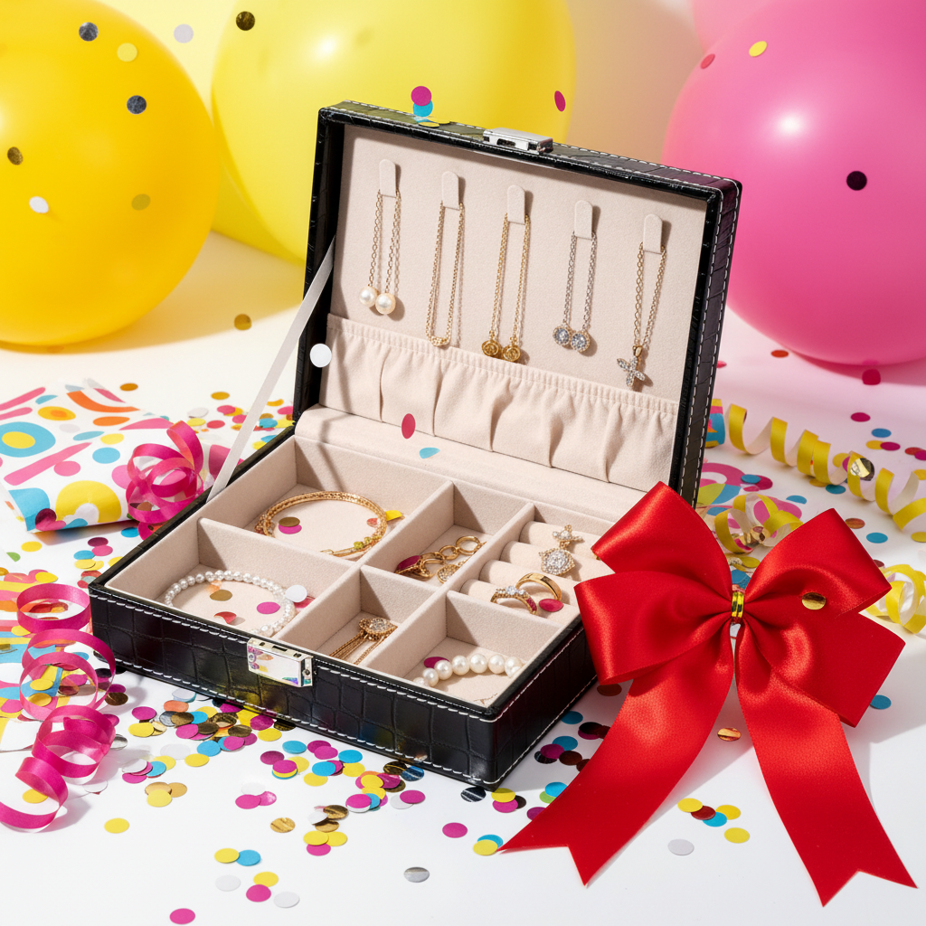 Jewelry box styled as a gift with ribbon and confetti