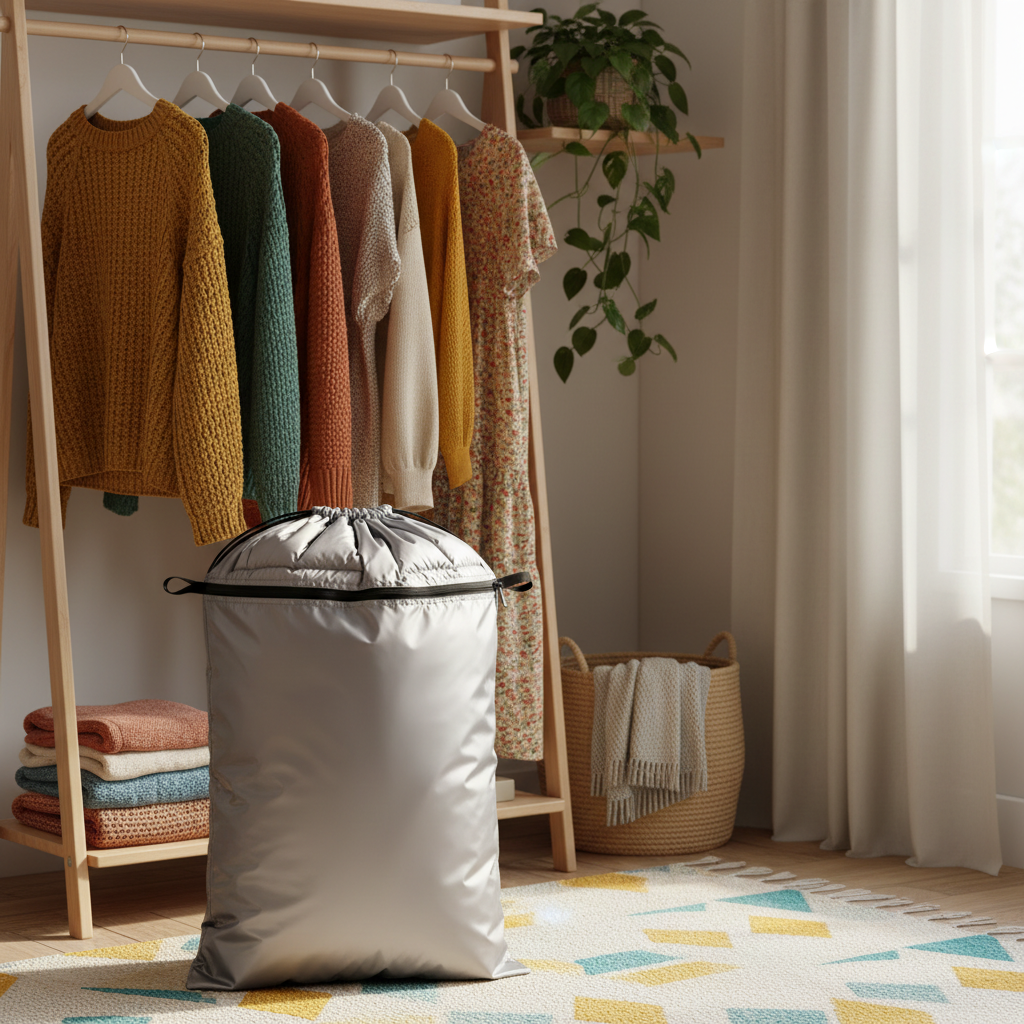 Silver-gray drawstring storage bag beside a colorful bedroom closet and clothing rack