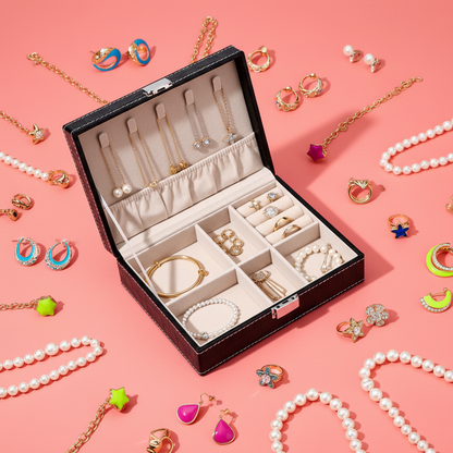 Flat lay of the open box on a coral background with gold jewelry