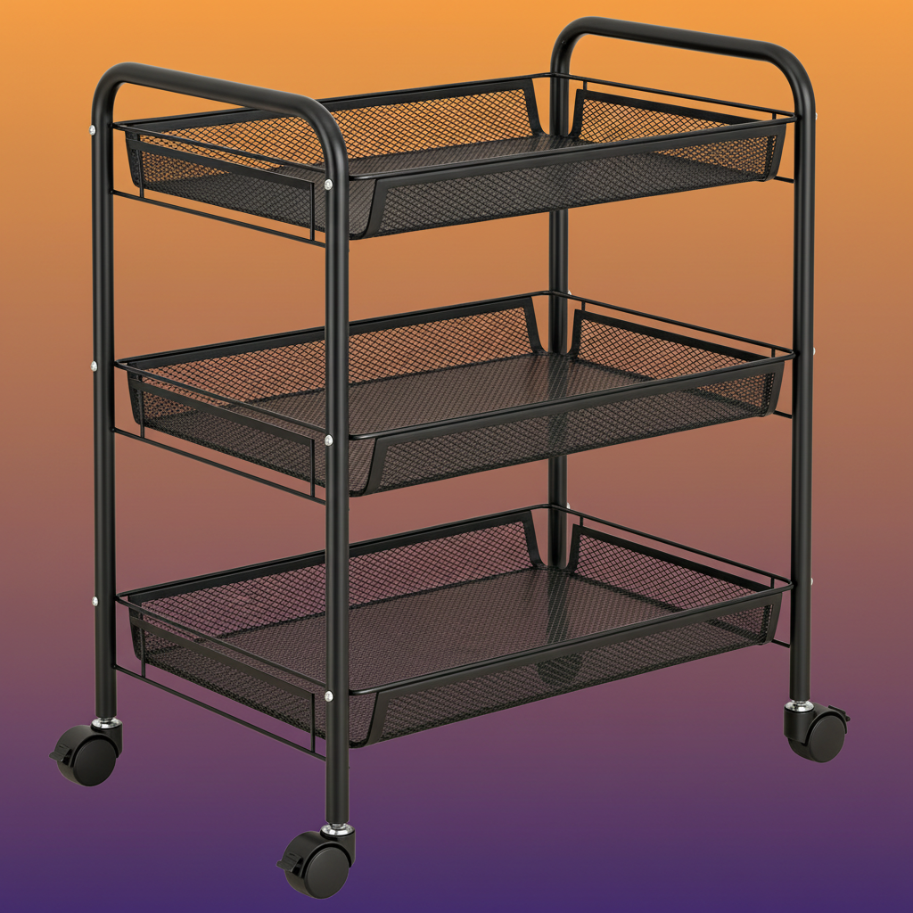 Side profile of the cart showing shelf spacing and casters