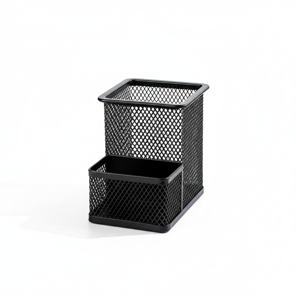 Empty black metal mesh desktop organizer on a pure white background