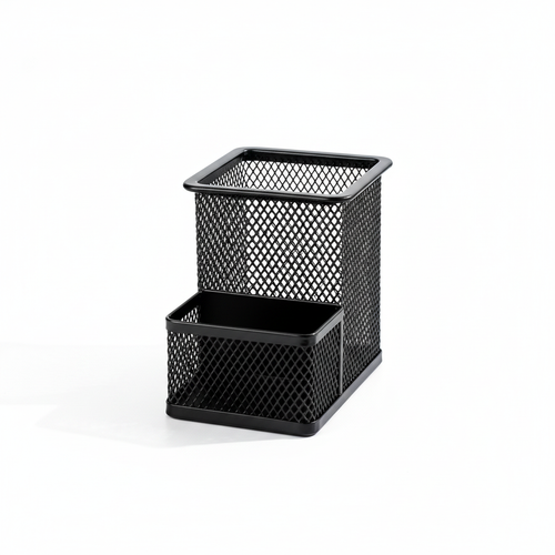 Empty black metal mesh desktop organizer on a pure white background