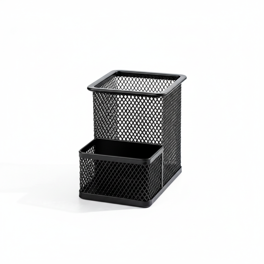 Empty black metal mesh desktop organizer on a pure white background