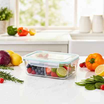 Clear divided glass food storage container with fresh produce on a colorful kitchen counter