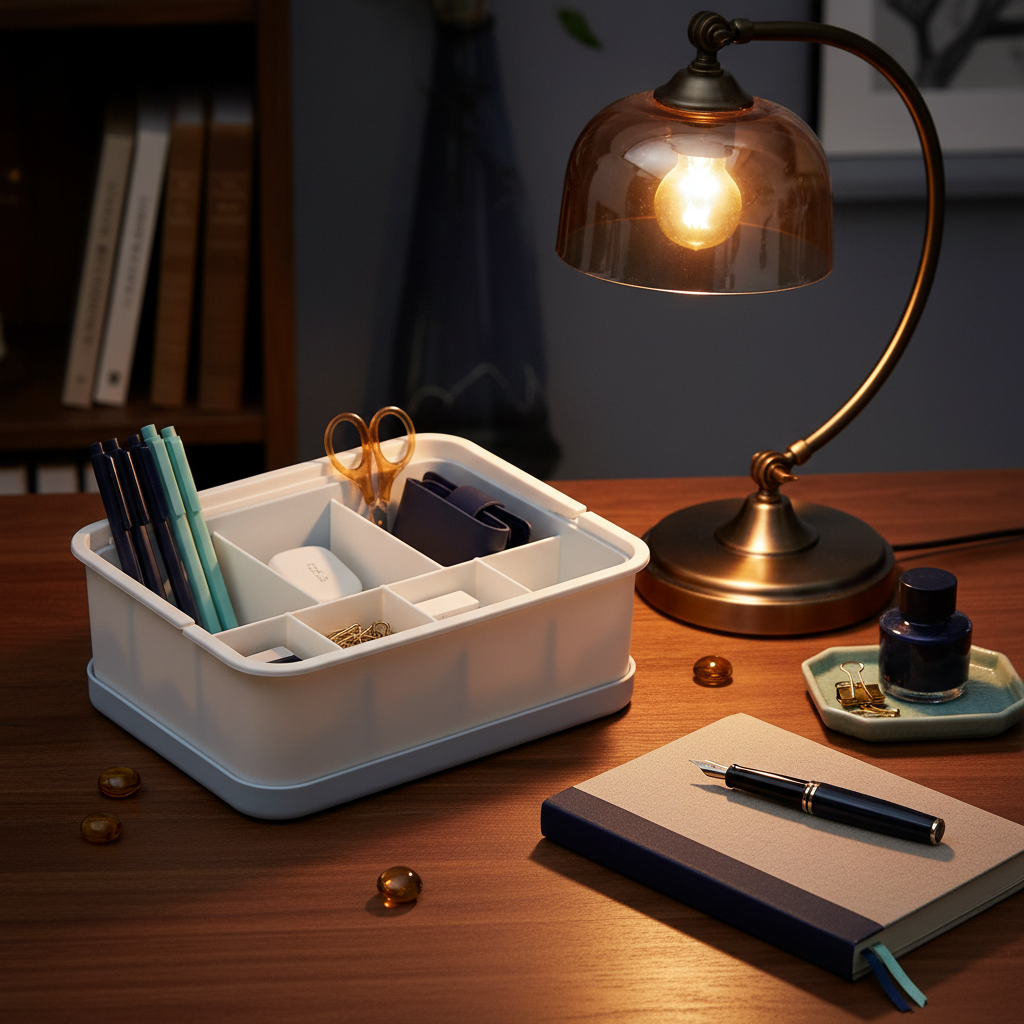 White and pale blue compartment organizer filled with writing tools beside a warm desk lamp
