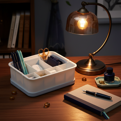 White and pale blue compartment organizer filled with writing tools beside a warm desk lamp
