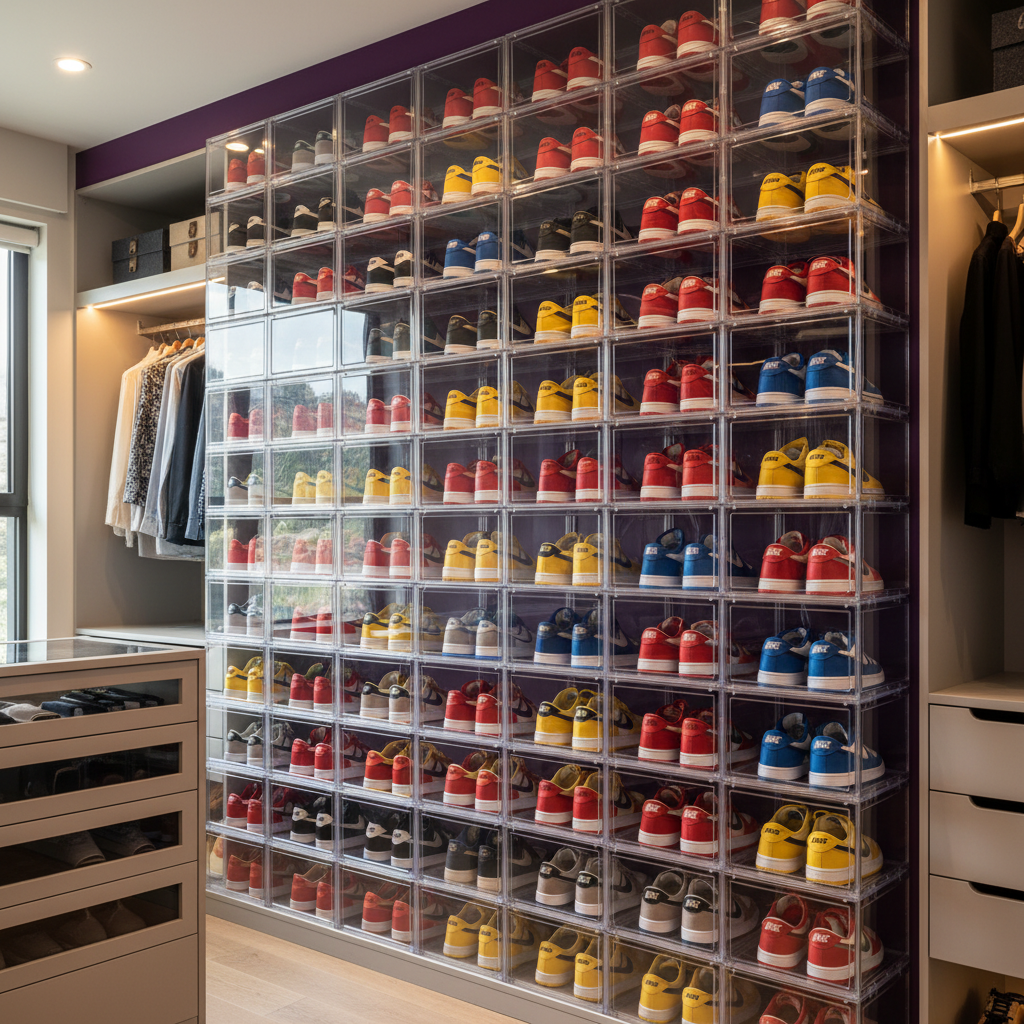 Wall of stacked clear shoe boxes in a colorful closet