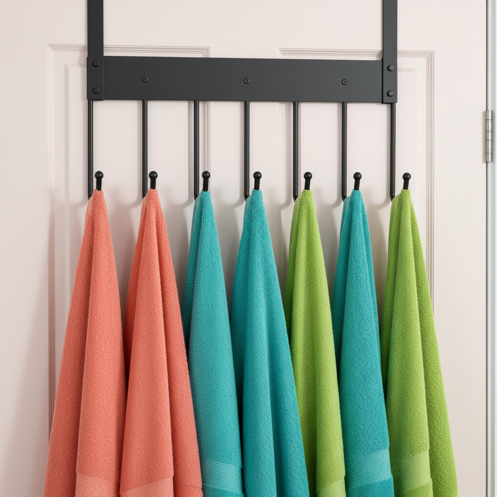 Rack holding bright towels on a bathroom door