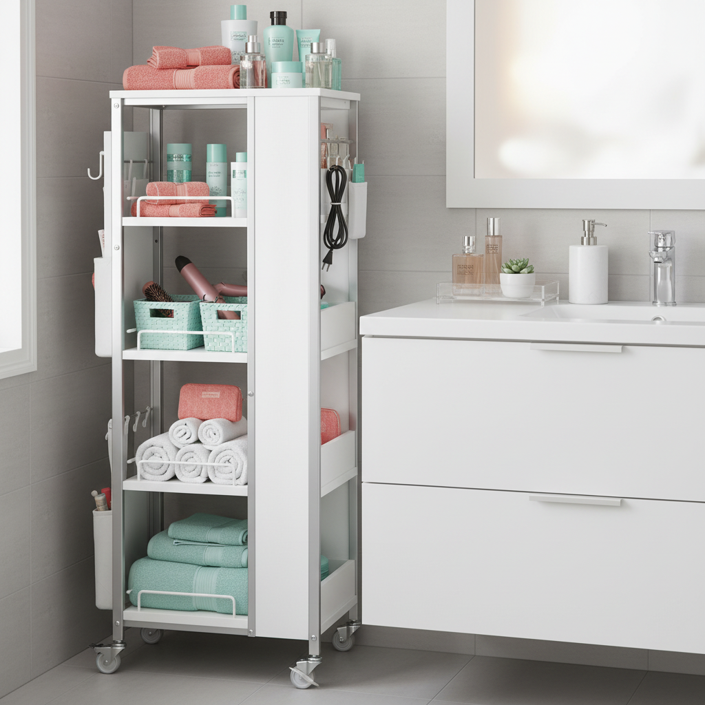 Slim white rolling cart organizing towels, skincare and bathroom supplies beside a vanity